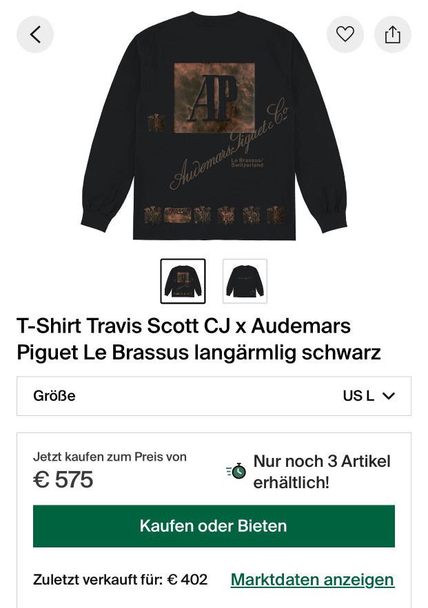 T-Shirt Travis Scott CJ x Audemars Piguet Le Brassus langärmlig schwarz Size: Large