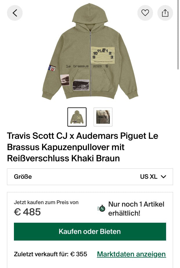 Travis Scott CJ x Audemars Piguet Le
Brassus Kapuzenpullover mit Reißverschluss Khaki Braun VNDS Size XL